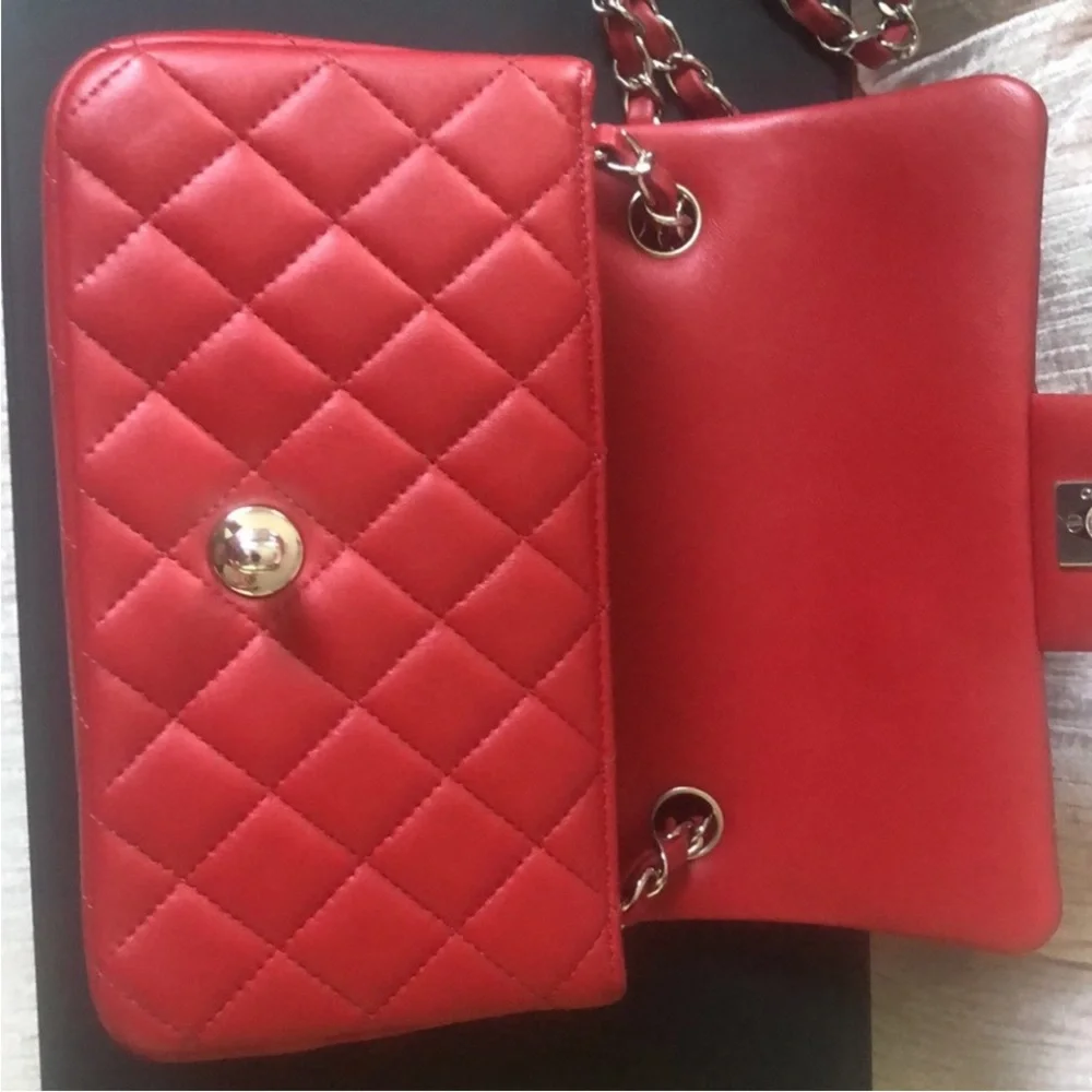 Authentic Chanel Classic Red Quilted Rectangle Mini Lambskin Bag
